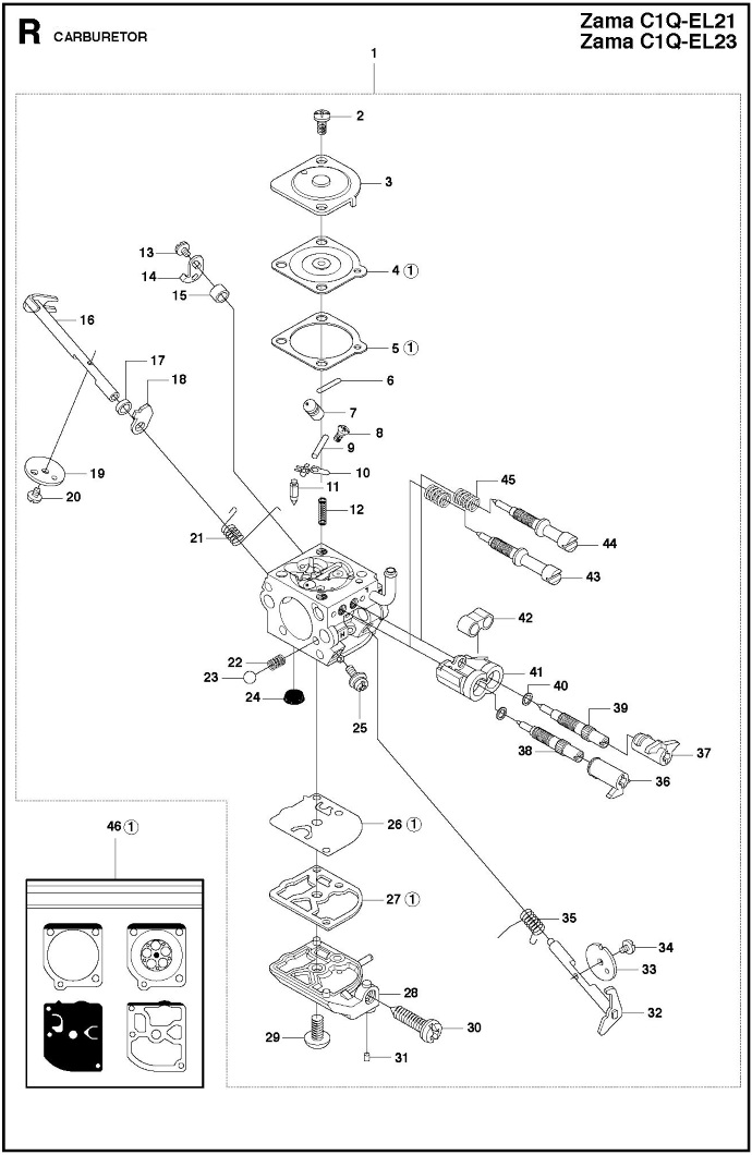 Комплект мембран карбюратора Zama C1Q для мотокос и кусторезов, воздуходувок Hu, Jon, 5372436-01
