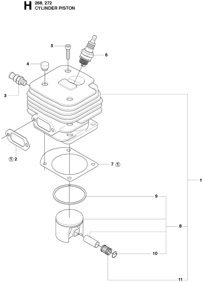 Цилиндр с поршнем в комплекте для бензопил Hu 268, 272 XP, 5442229-02