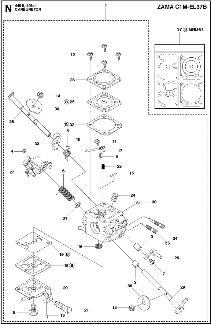 Карбюратор Zama C1M-EL37 до бензопил Hu, Jon, McC, 5064504-01