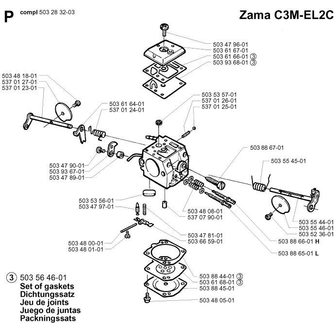 Комплект мембран карбюратора Zama C3M для бензопил Hu 365, Jon CS2165, 5035646-01