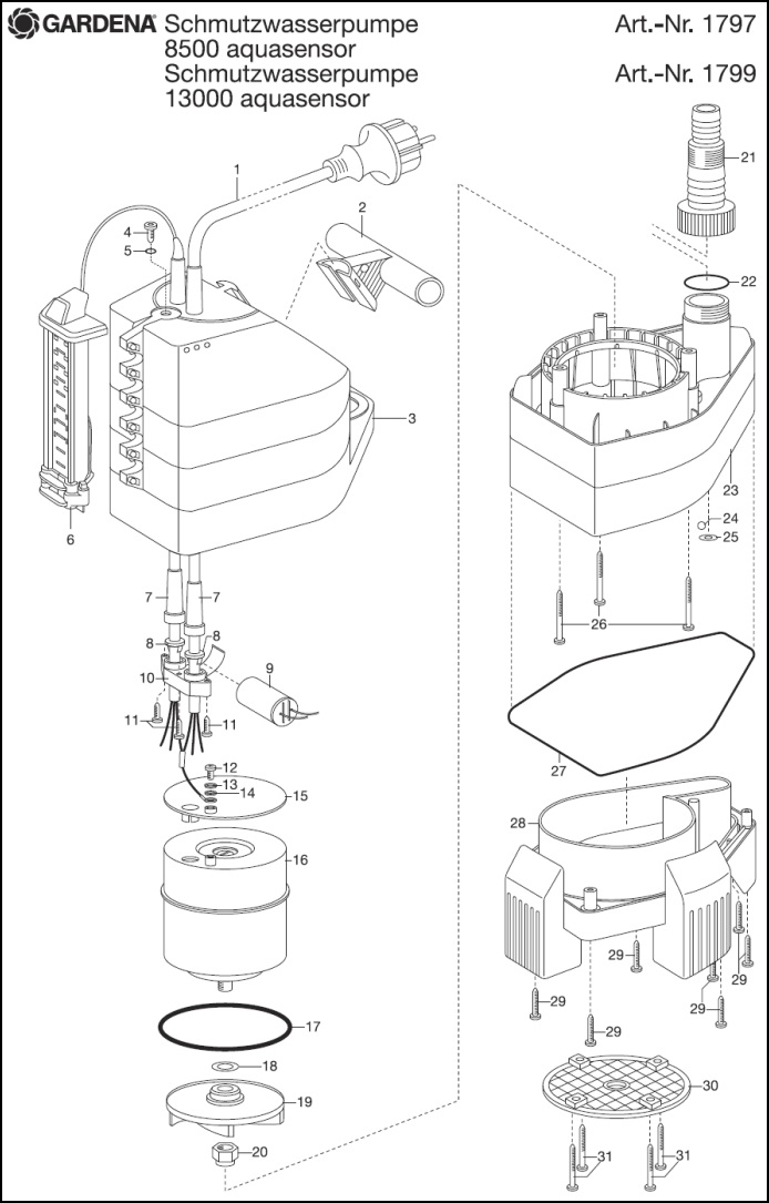 Запчасти на насос погружной для грязной воды Gardena Aquasensor 13000 Comfort, Гардена 01799-20