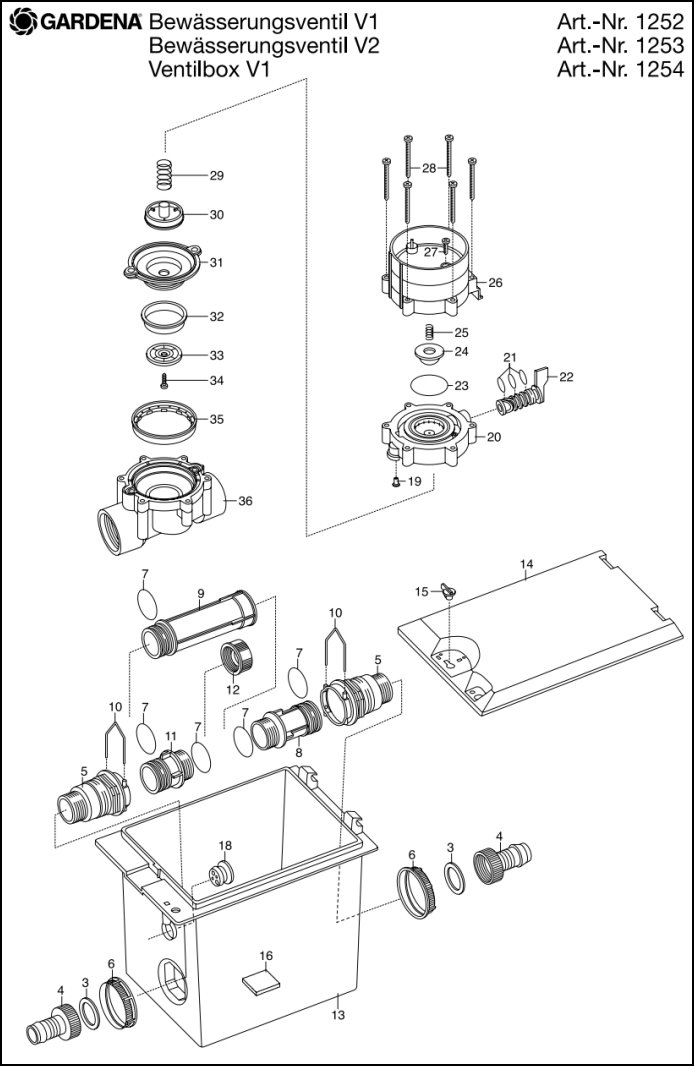 Запчасти на коробку для клапана для полива Gardena V1, Гардена 01254-29